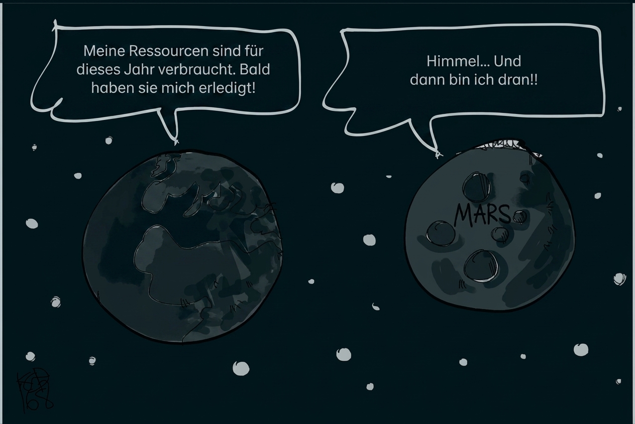 Comic über Erde und Mars im All mit Sprechblasen zu Ressourcenknappheit und Zukunftsangst